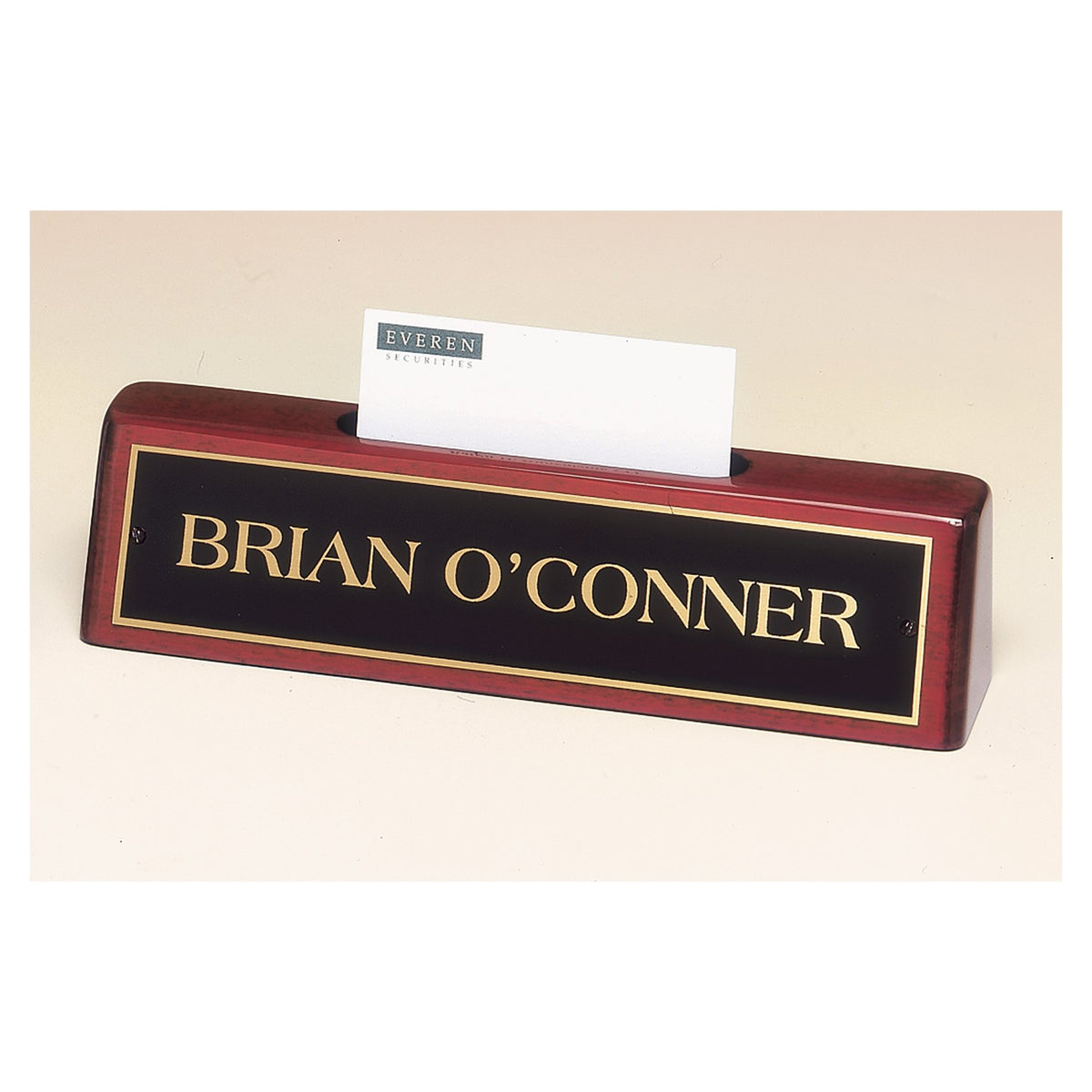 Engraved Rosewood Piano Finish Nameplate with Business Card Holder and Black Plate