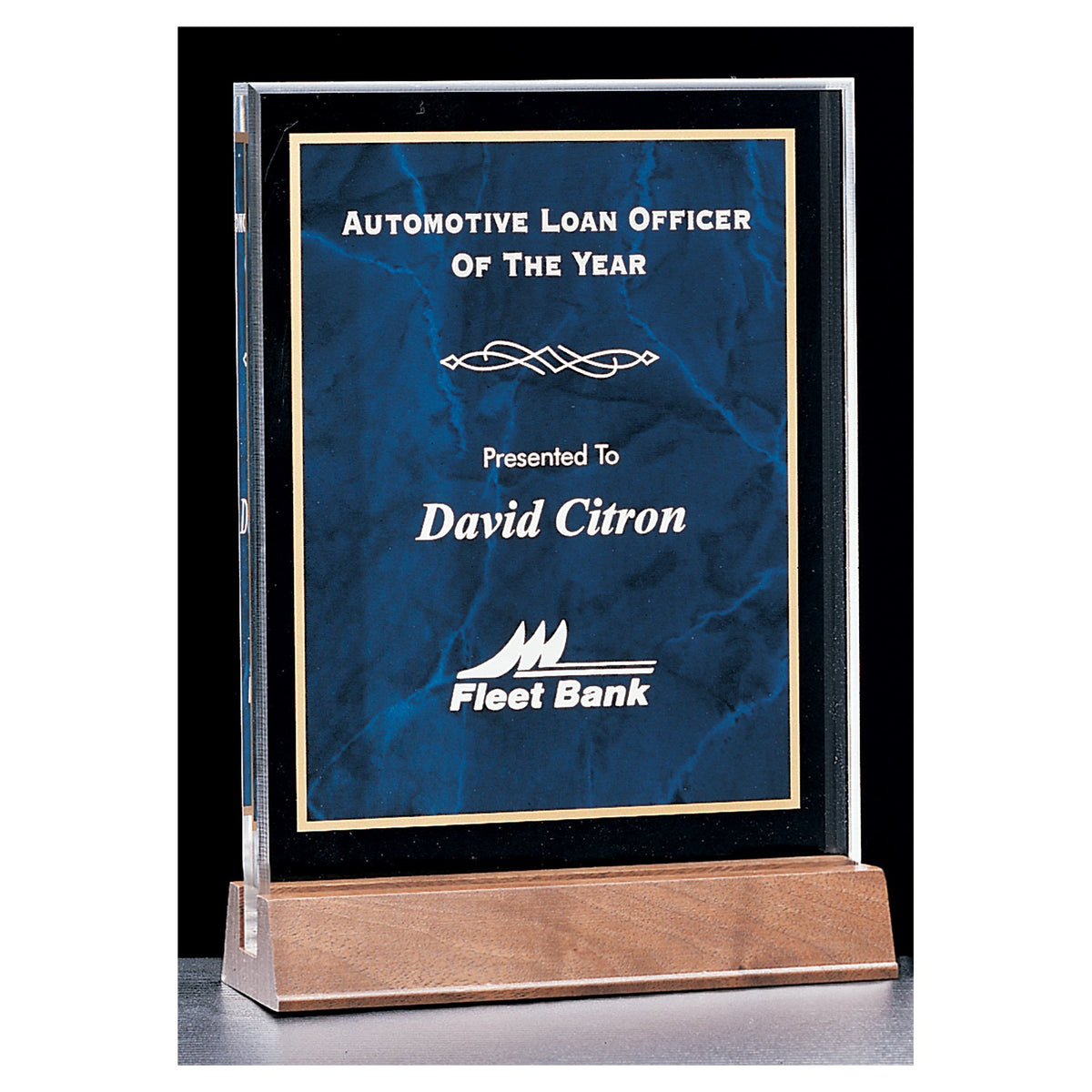 Engraved Marble Acrylic Award with American Walnut Base - Sapphire / 6 x 8 5/8 in