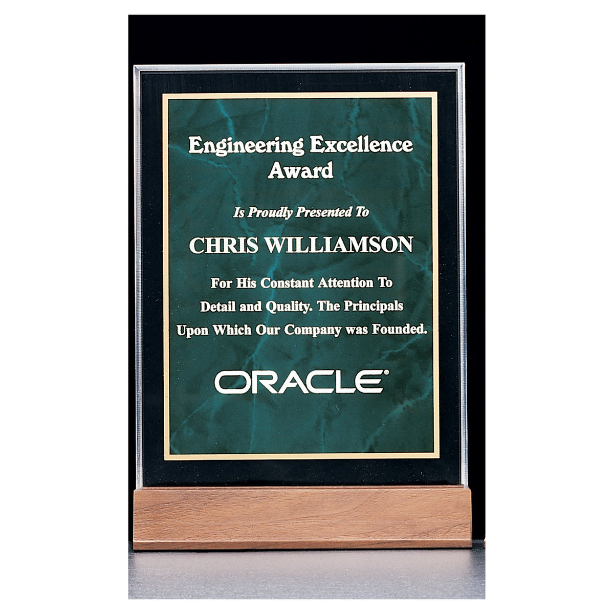 Engraved Marble Acrylic Award with American Walnut Base - Emerald / 7 x 9 5/8 in
