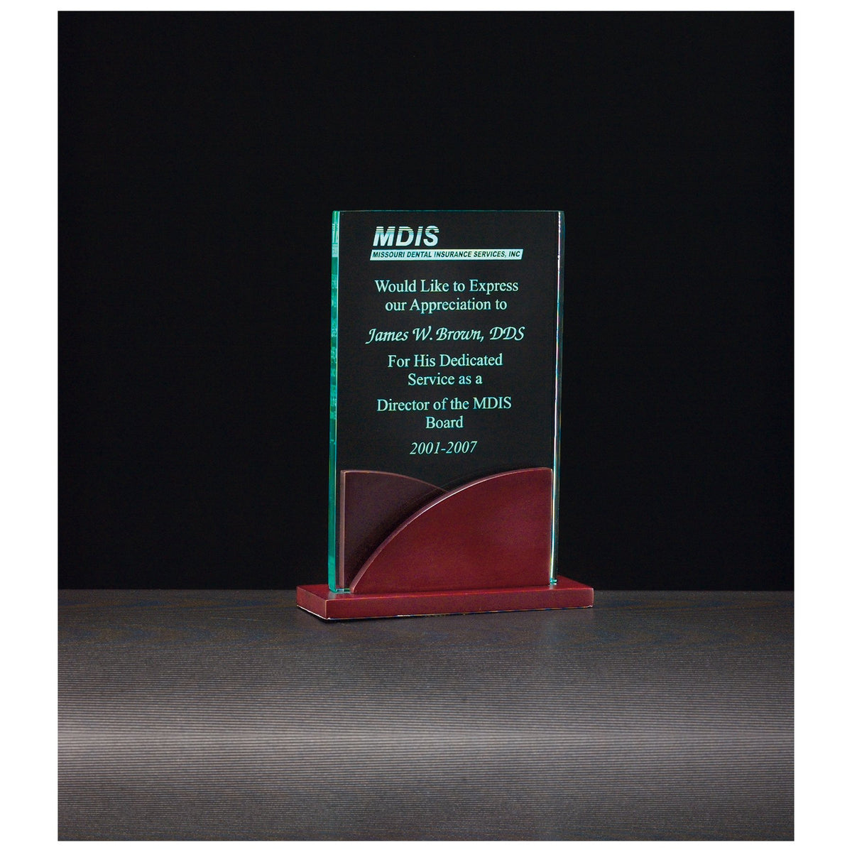 Engraved Premium Series Jade Acrylic on Mahogany Finish Base