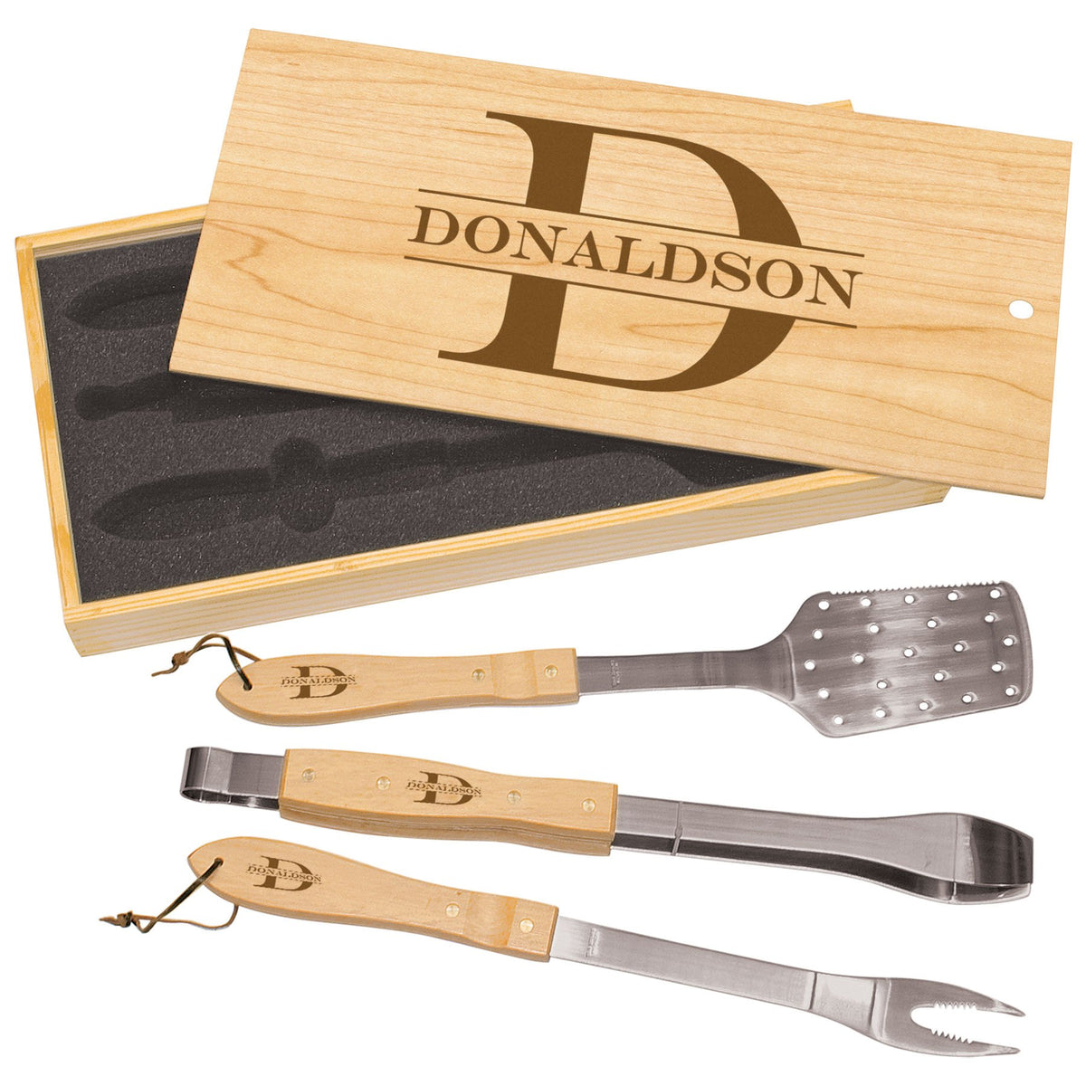Engraved 3-Piece BBQ Set in Wooden Pine Box