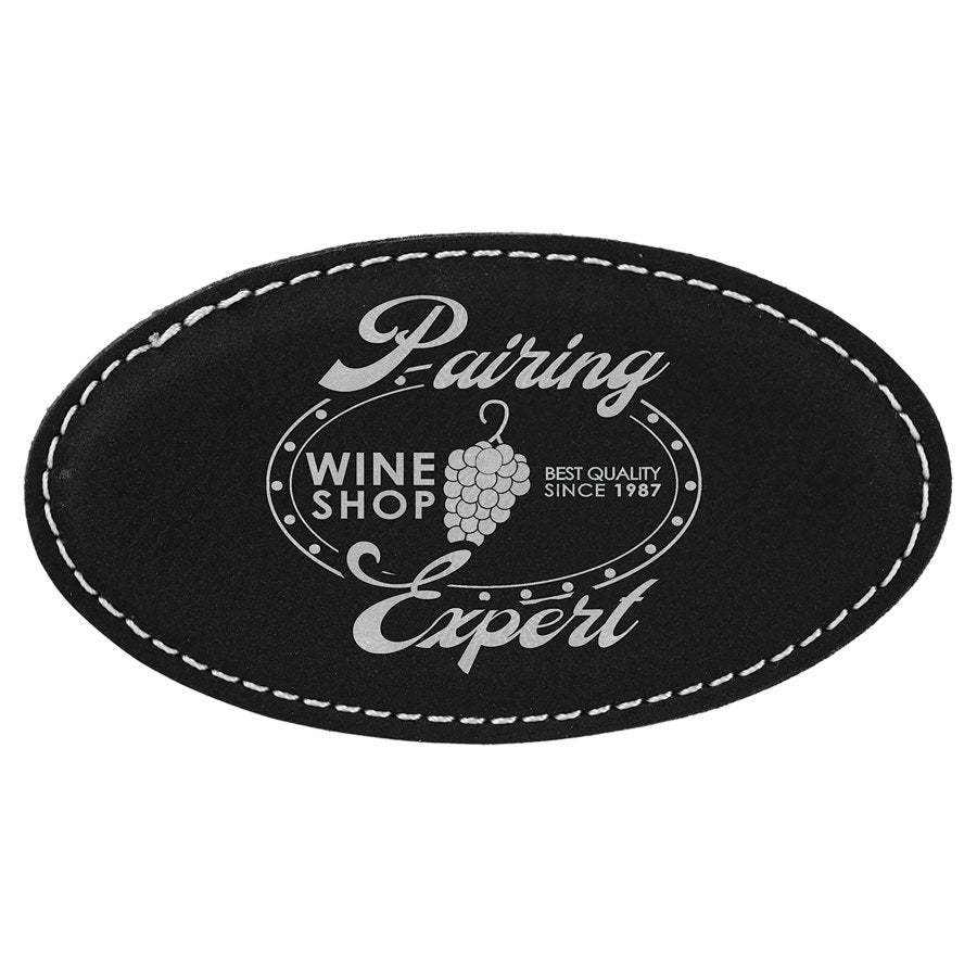 Engraved Leatherette Oval Badge with Magnet - Black/Silver
