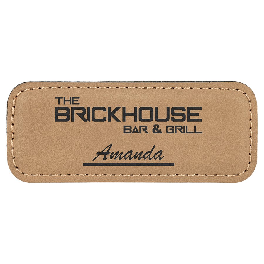 Engraved Leatherette Badge with Magnet - Light Brown / 3 1/4 x 1 1/4 in