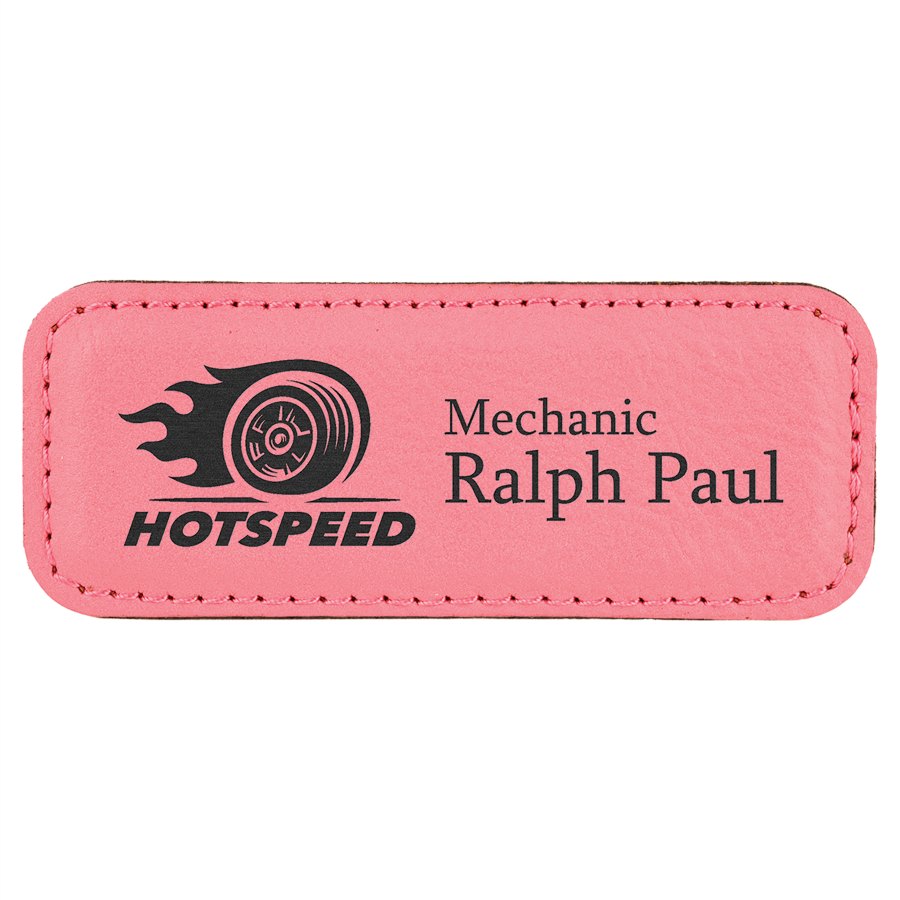 Engraved Leatherette Badge with Magnet - Pink / 3 1/4 x 1 1/4 in