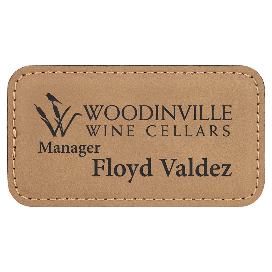 Engraved Leatherette Badge with Magnet - Light Brown / 3 1/4 x 1 3/4 in