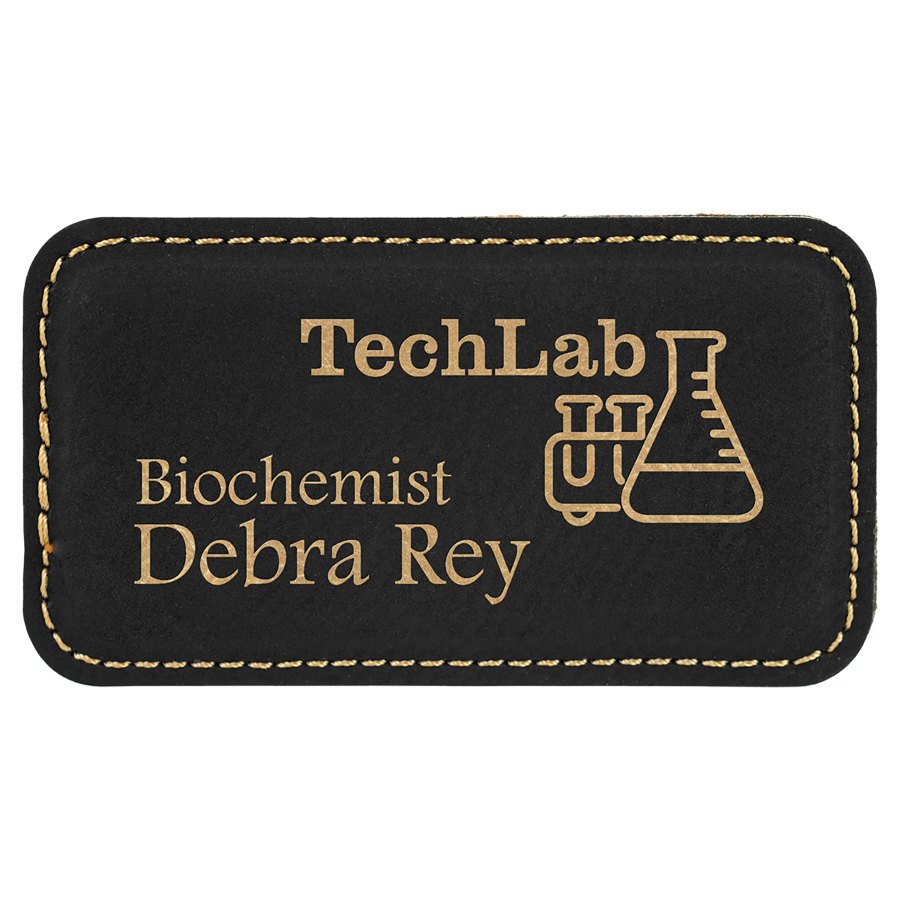 Engraved Leatherette Badge with Magnet - Black/Gold / 3 1/4 x 1 3/4 in