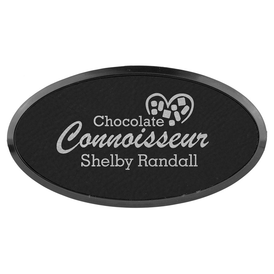 Engraved Leatherette Oval Badge and Frame - Black/Silver