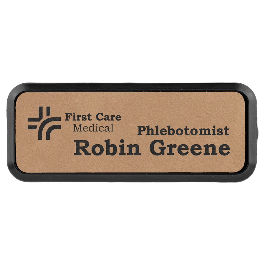 Engraved Leatherette Round Corner Badge and Frame - Light Brown / 3 x 1 in