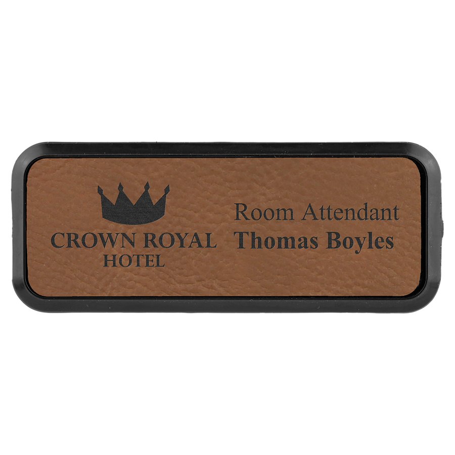 Engraved Leatherette Round Corner Badge and Frame - Dark Brown / 3 x 1 in