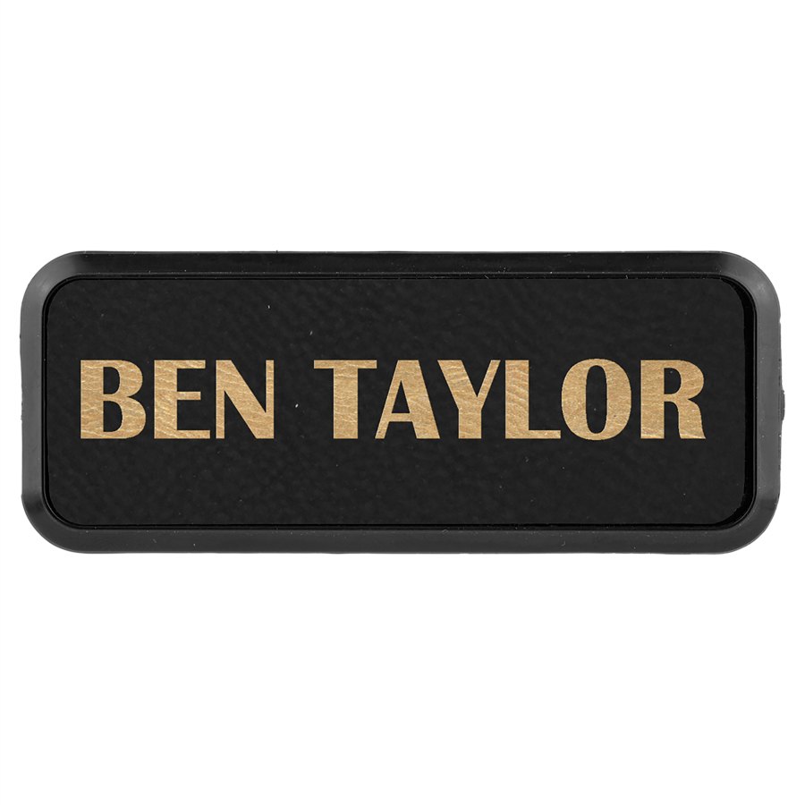 Engraved Leatherette Round Corner Badge and Frame - Black/Gold / 3 x 1 in