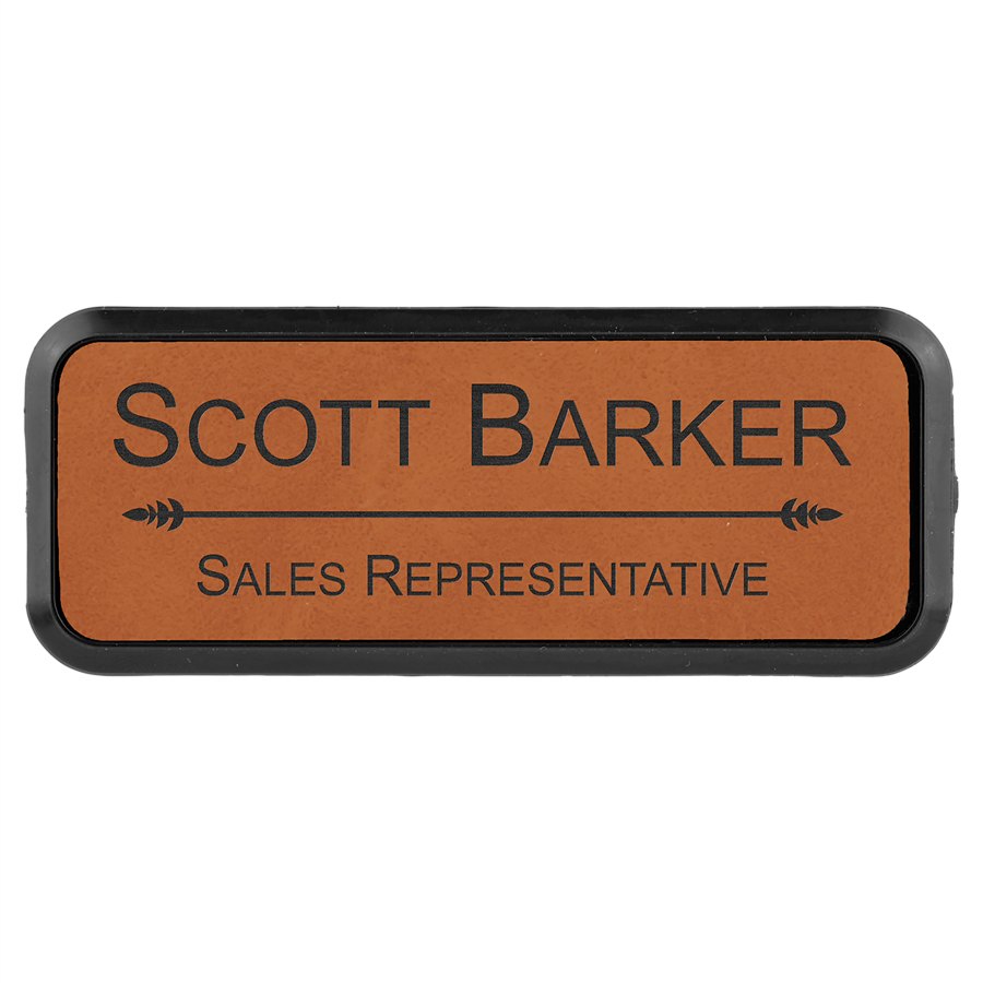 Engraved Leatherette Round Corner Badge and Frame - Rawhide / 3 x 1 in