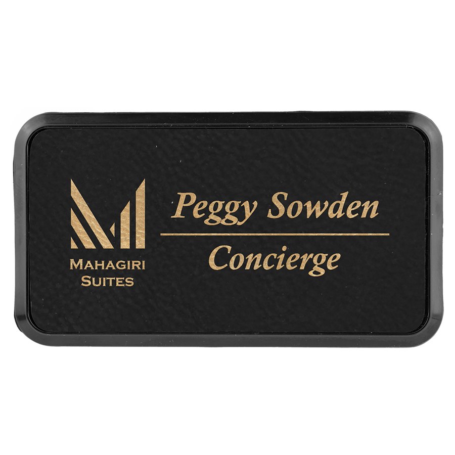 Engraved Leatherette Round Corner Badge and Frame - Black/Gold / 3 x 1 1/2 in