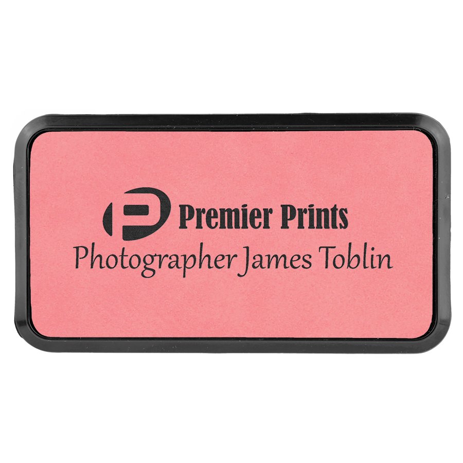 Engraved Leatherette Round Corner Badge and Frame - Pink / 3 x 1 1/2 in