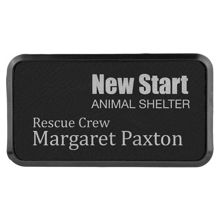 Engraved Leatherette Round Corner Badge and Frame - Black/Silver / 3 x 1 1/2 in