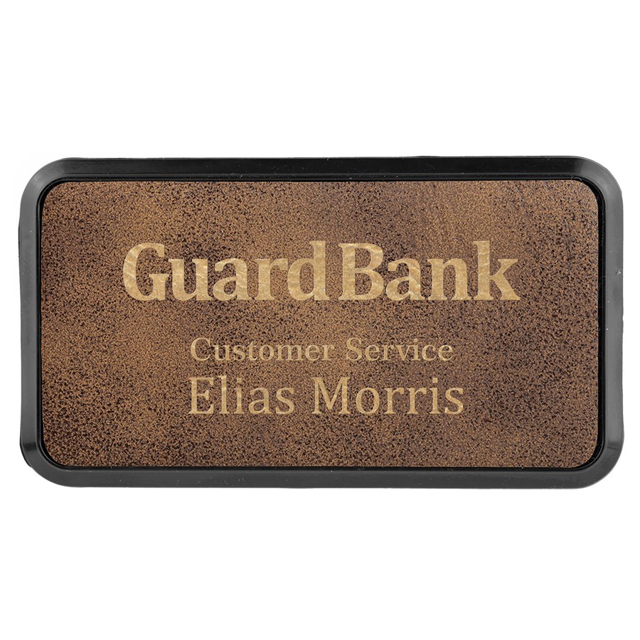 Engraved Leatherette Round Corner Badge and Frame - Rustic/Gold / 3 x 1 1/2 in