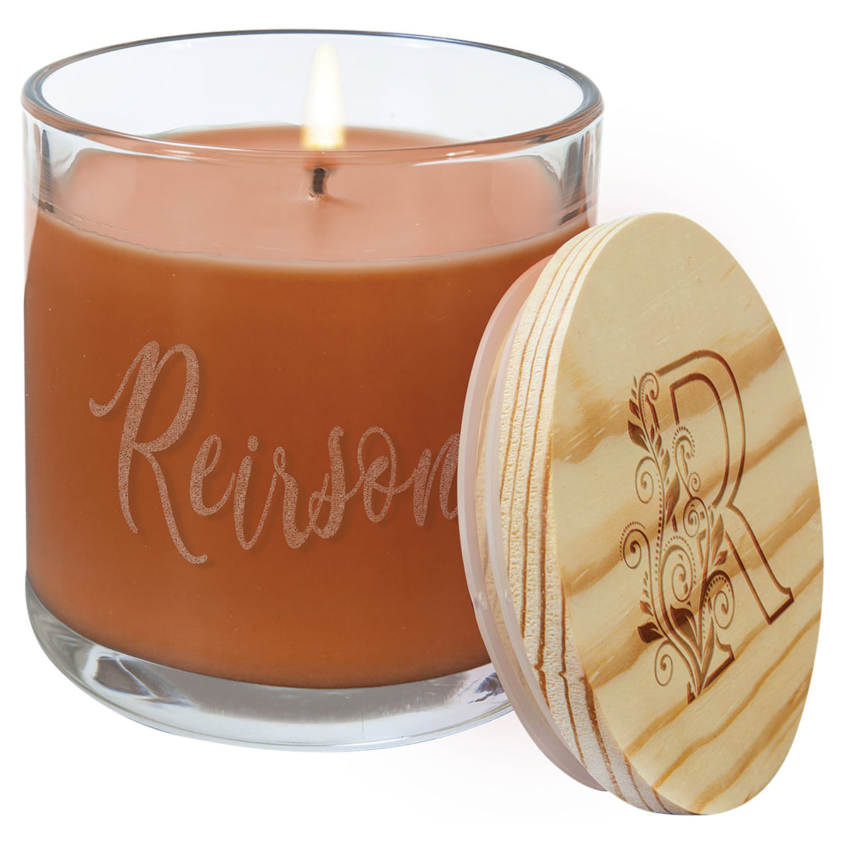 Engraved Candle in a Glass Holder with Wood Lid - Pumpkin Spice
