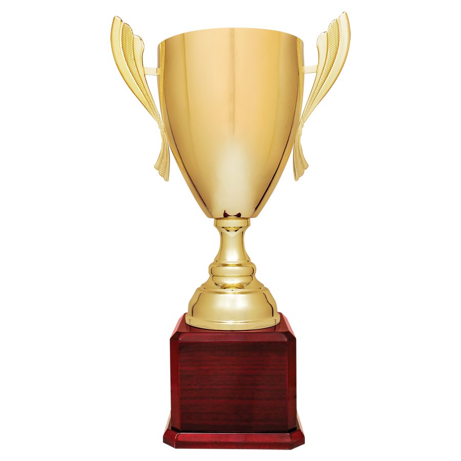 Engraved Metal Cup Trophy on Royal Piano Finish Base - Gold - Rosewood / 22 in