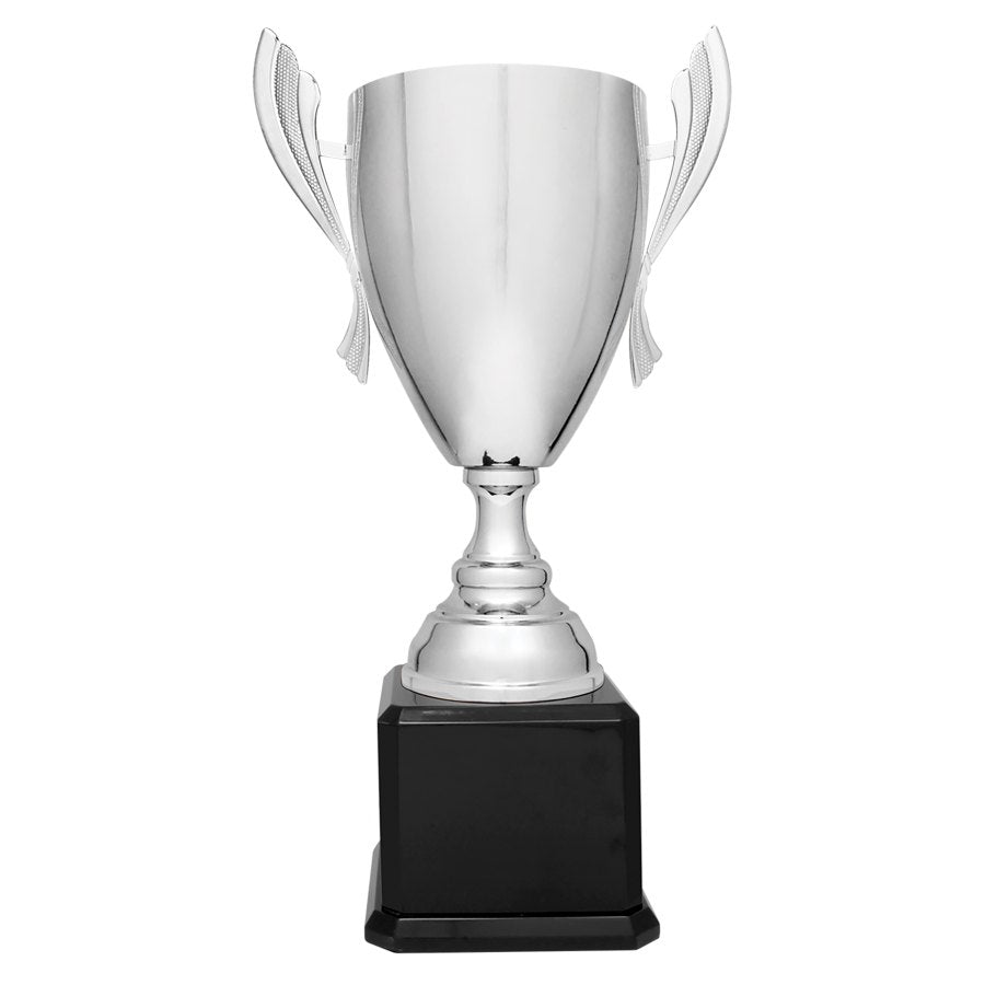 Engraved Metal Cup Trophy on Royal Piano Finish Base - Silver - Black / 22 in