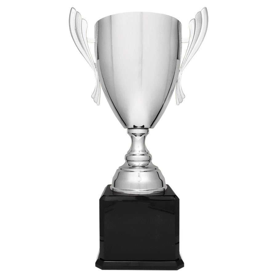 Engraved Metal Cup Trophy on Royal Piano Finish Base - Silver - Black / 24 3/4 in
