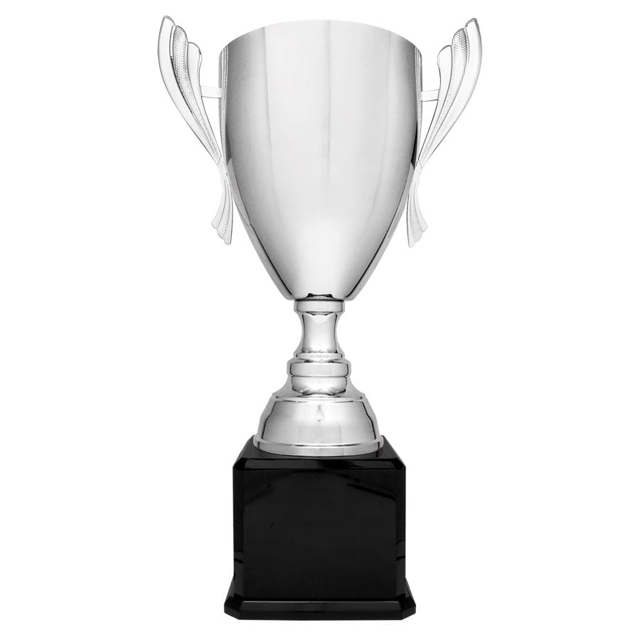 Engraved Metal Cup Trophy on Royal Piano Finish Base - Silver - Black / 26 1/2 in