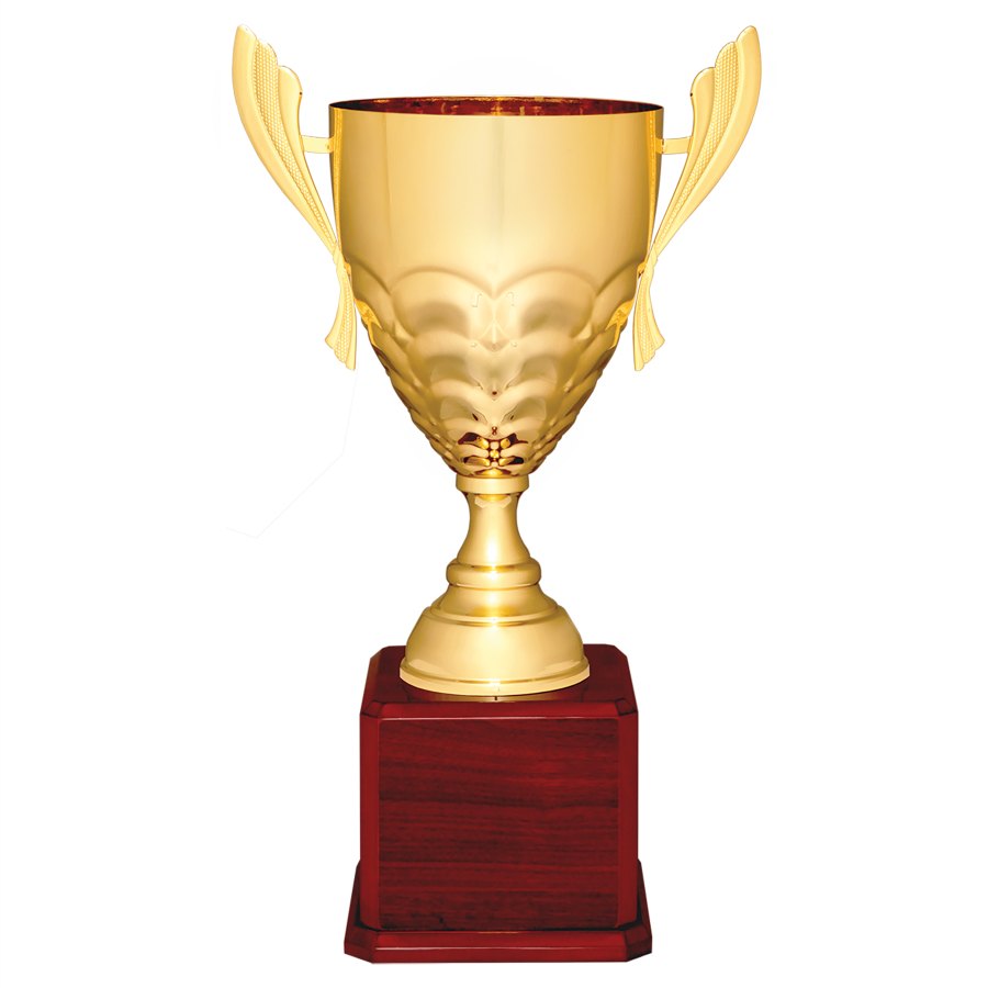 Engraved Metal Cup Trophy on Royal Piano Finish Base - Gold - Rosewood / 23 1/2 in