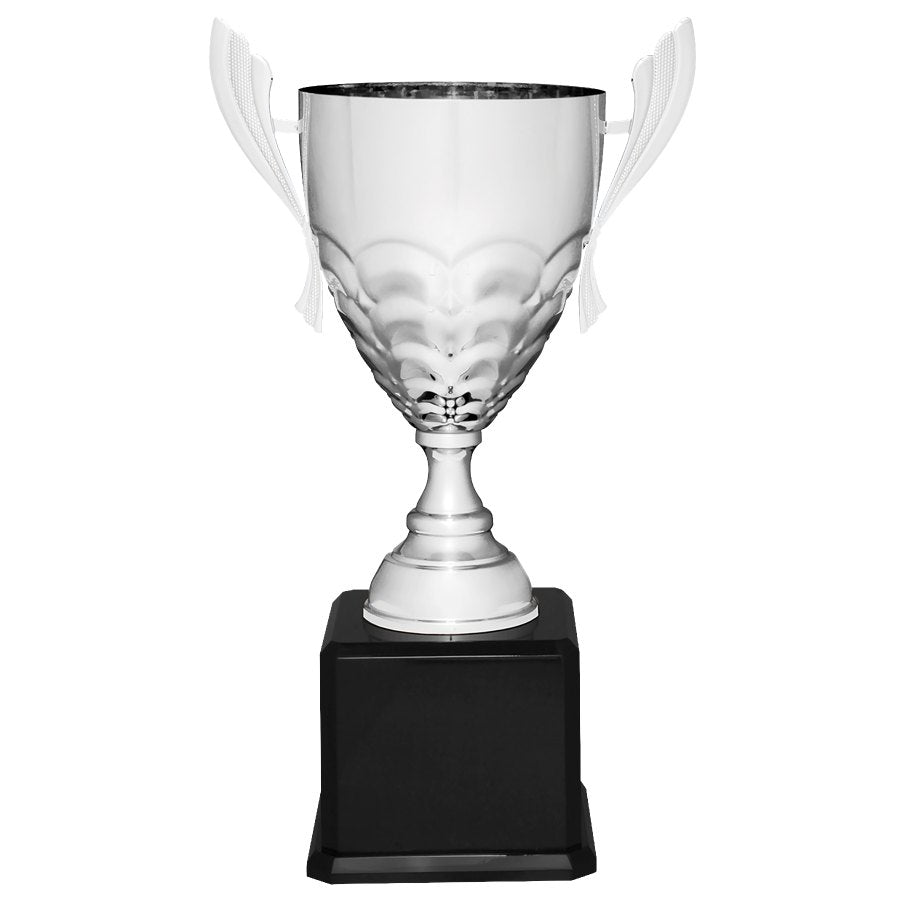 Engraved Metal Cup Trophy on Royal Piano Finish Base - Silver - Black / 23 1/2 in