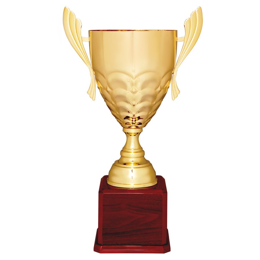 Engraved Metal Cup Trophy on Royal Piano Finish Base - Gold - Rosewood / 25 1/4 in