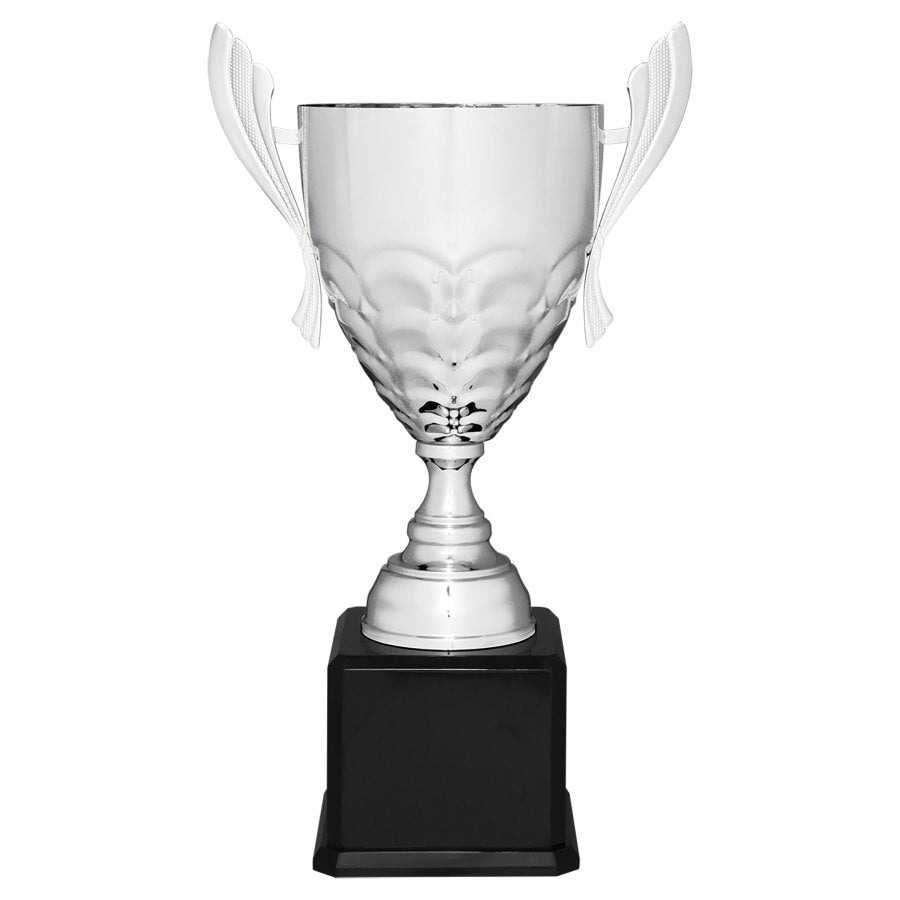 Engraved Metal Cup Trophy on Royal Piano Finish Base - Silver - Black / 25 1/4 in
