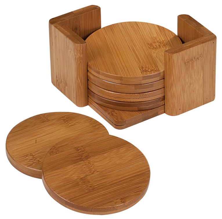 Engraved Bamboo Round 6-Coaster Set with Holder