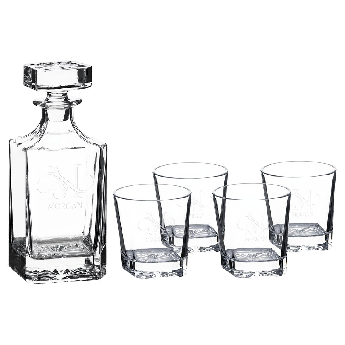 Engraved Polar Camel Glass Decanter Set with Four Glasses in Gift Box - Square (750 mL decanter, 11 oz glasses)