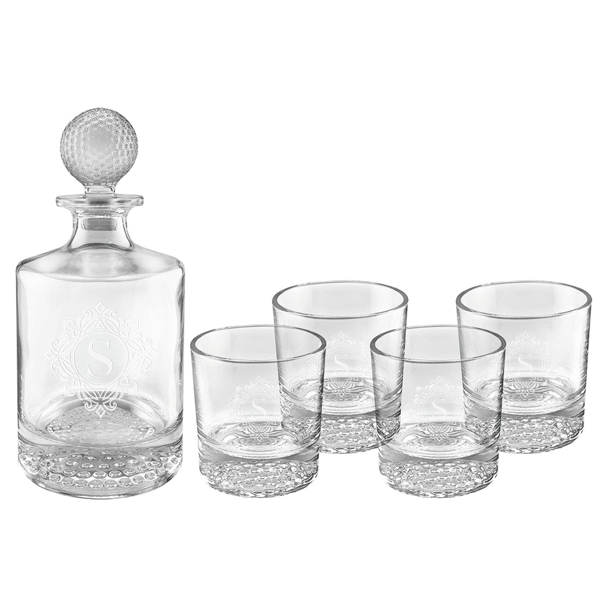 Engraved Polar Camel Glass Decanter Set with Four Glasses in Gift Box - Round Golf (850 mL decanter, 9 oz glasses)
