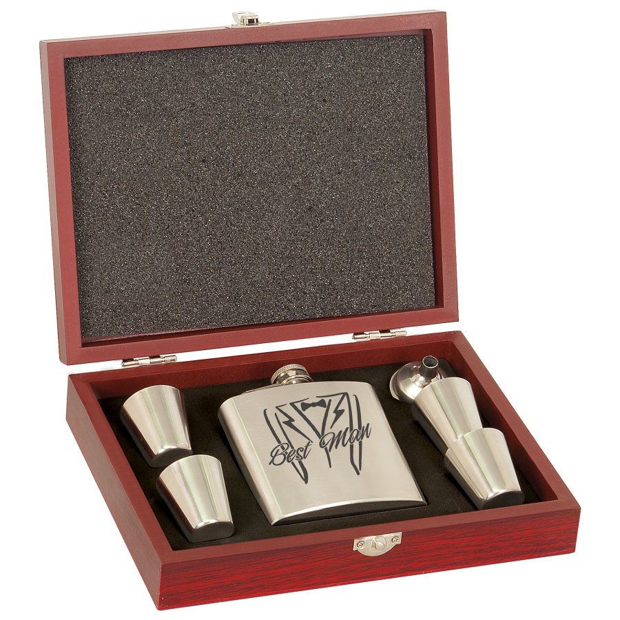 Engraved 6 oz Flask Set with Four Shot Glasses and Funnel in Wood Presentation Box - Stainless Steel