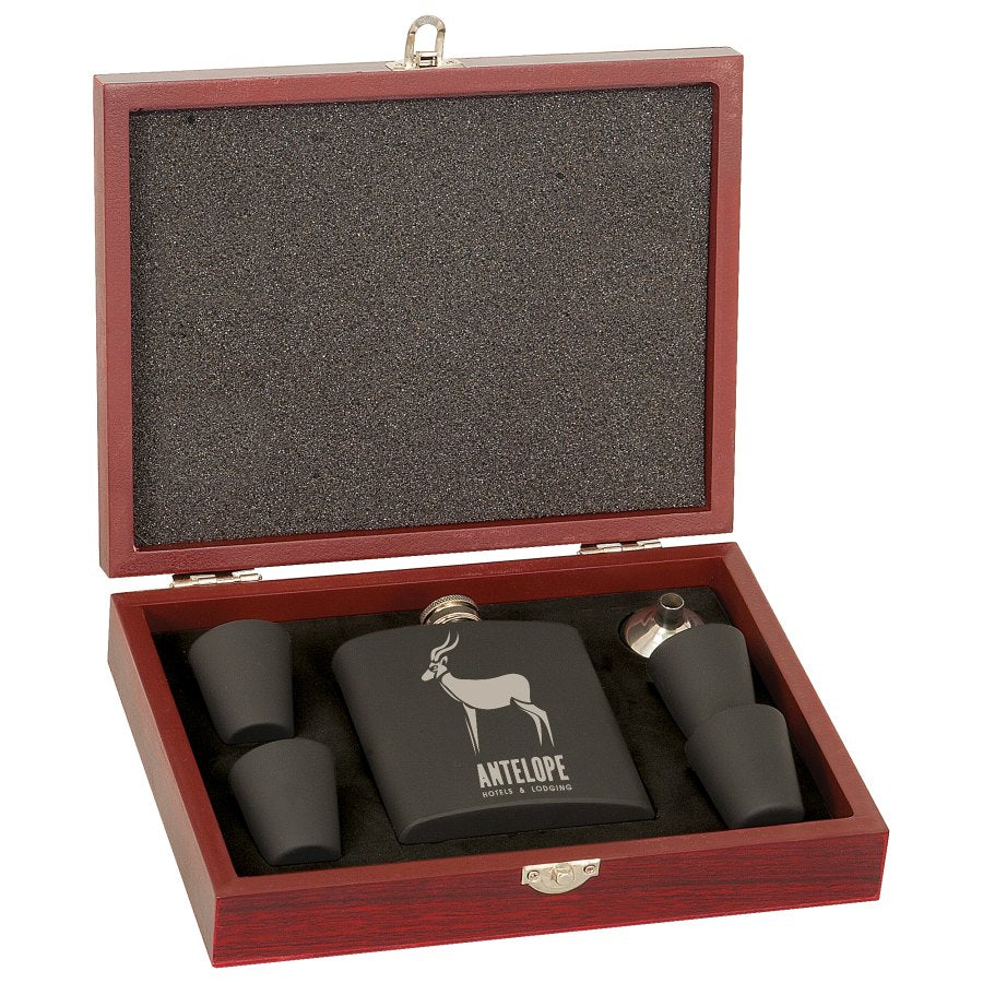 Engraved 6 oz Flask Set with Four Shot Glasses and Funnel in Wood Presentation Box - Matte Black