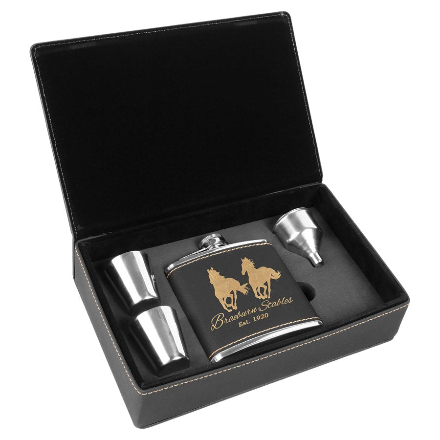 Engraved Leatherette Flask Gift Set - Black/Gold