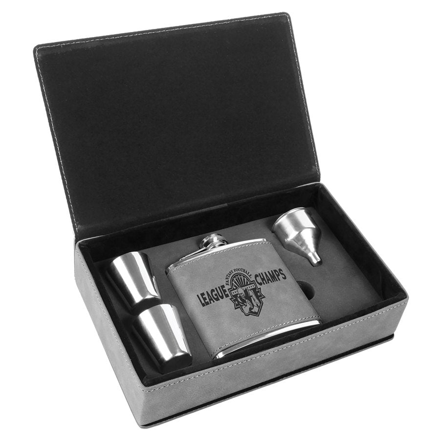 Engraved Leatherette Flask Gift Set - Gray