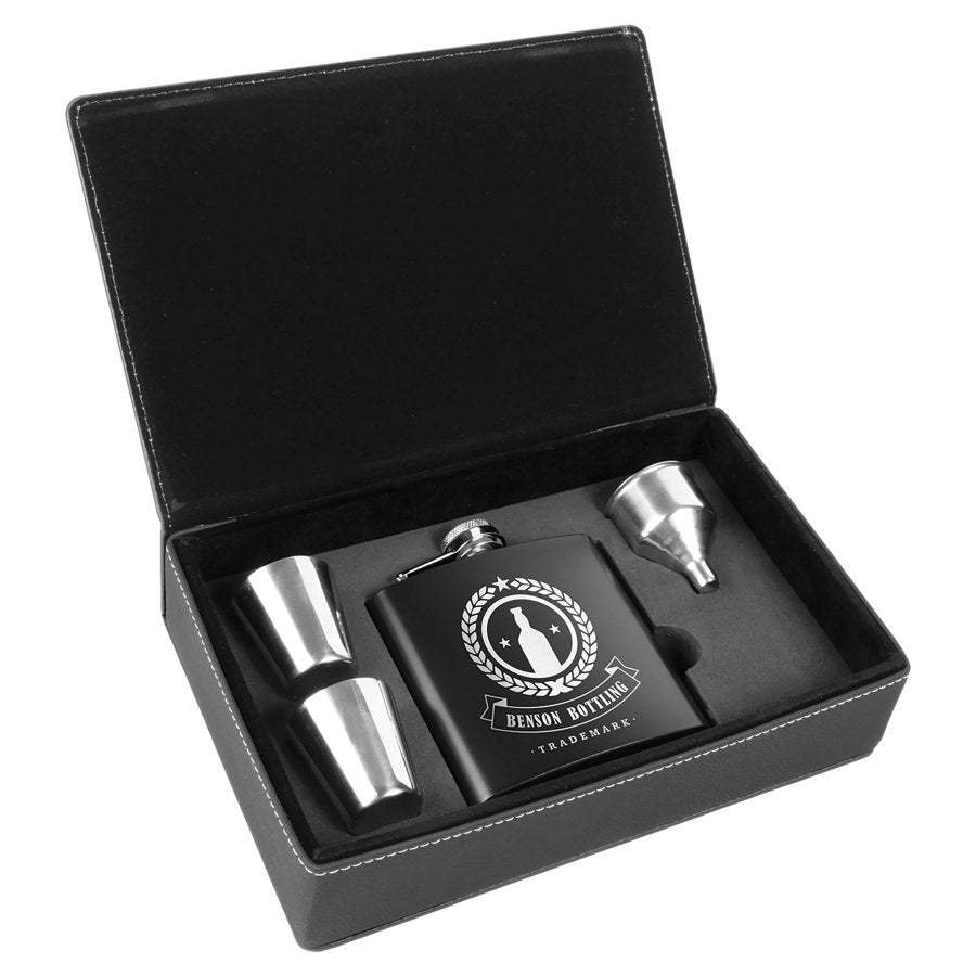 Engraved Black Stainless Steel Flask Set in Black/Silver Leatherette Box