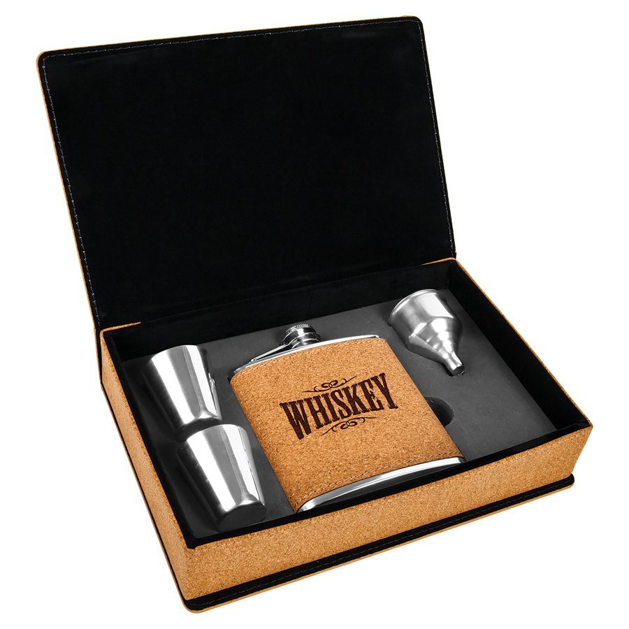 Engraved Leatherette Flask Gift Set - Cork