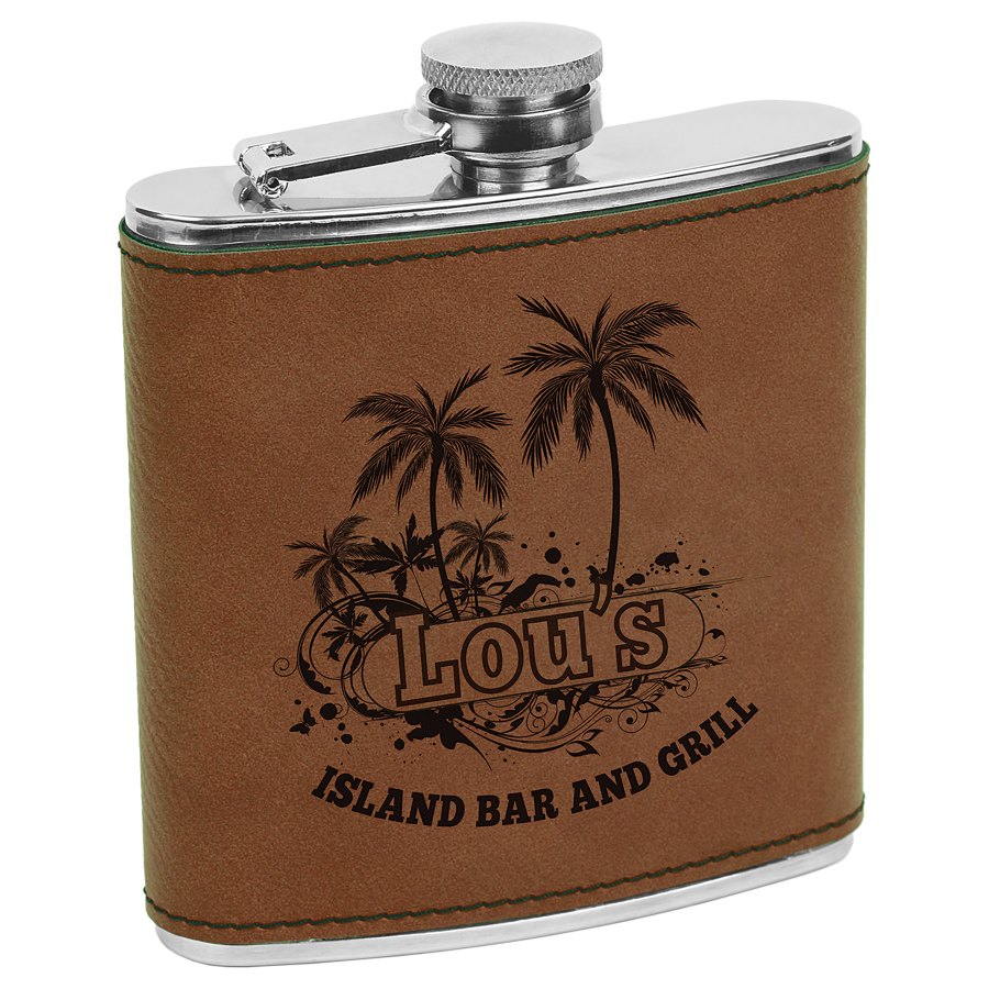 Engraved Leatherette Stainless Steel Flask - Dark Brown