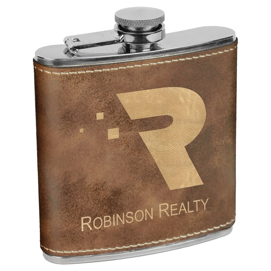 Engraved Leatherette Stainless Steel Flask - Rustic/Gold