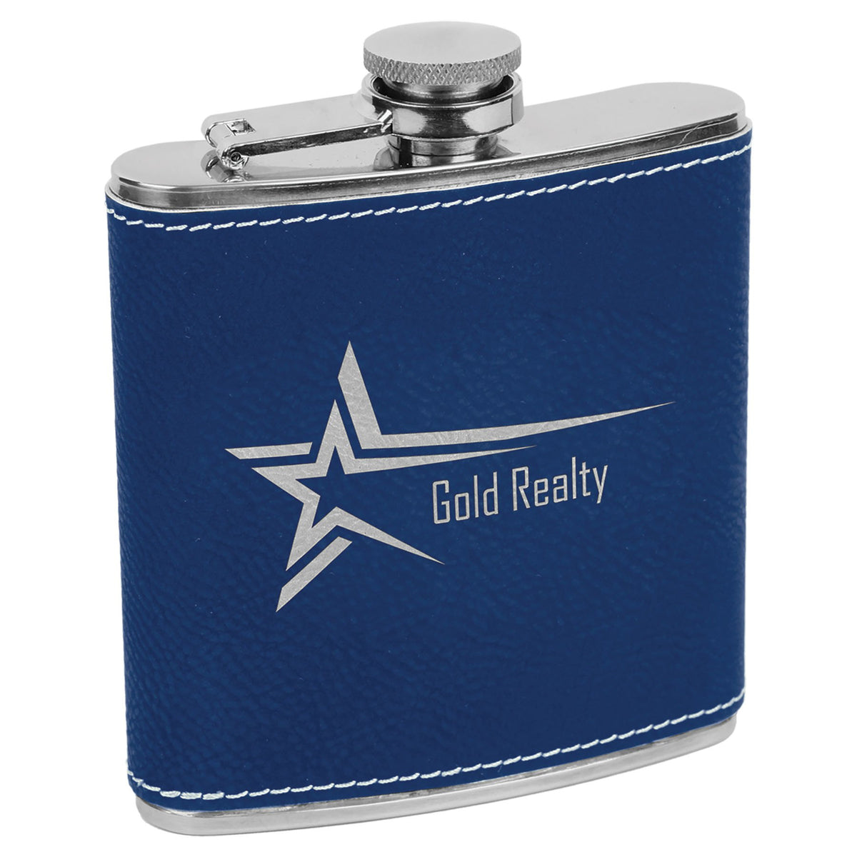 Engraved Leatherette Stainless Steel Flask - Blue/Silver