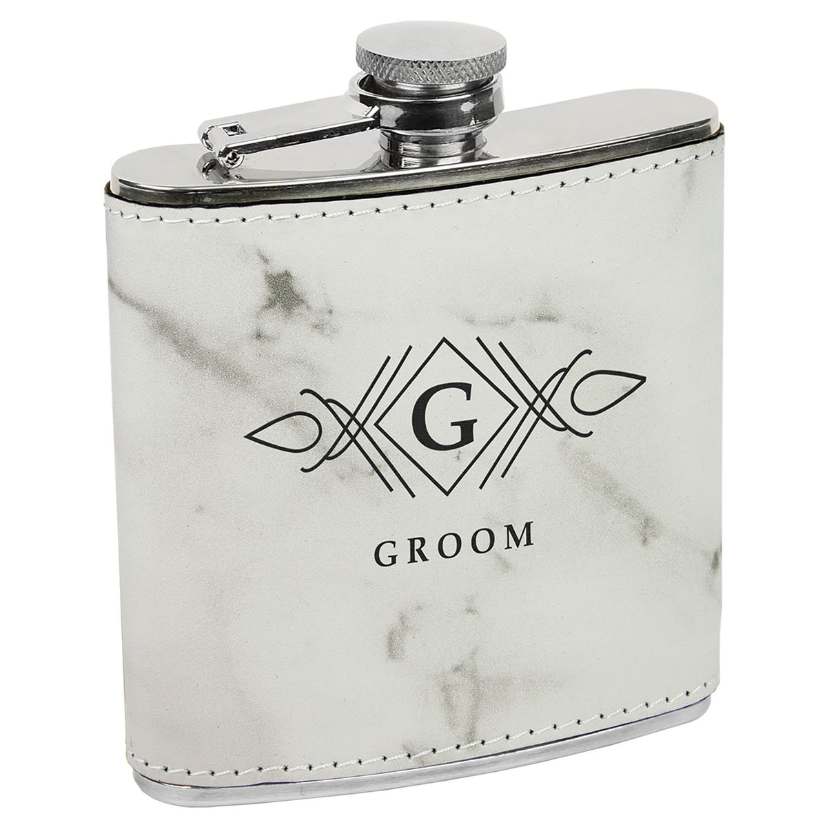 Engraved Leatherette Stainless Steel Flask - White Marble