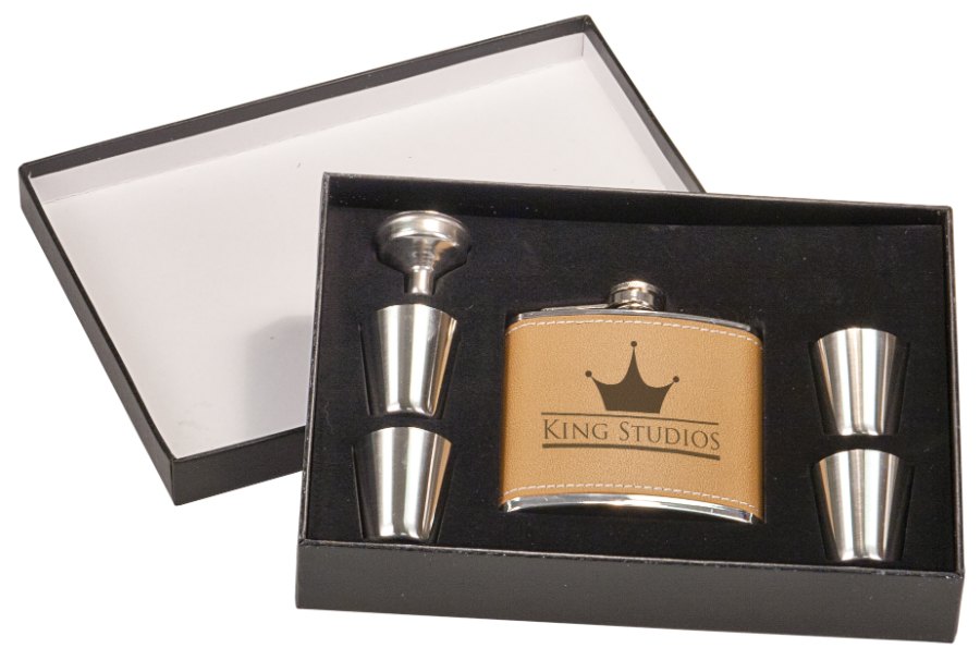 Engraved 6 oz Flask Set with Four Shot Glasses and Funnel in Black Presentation Box - Leatherette