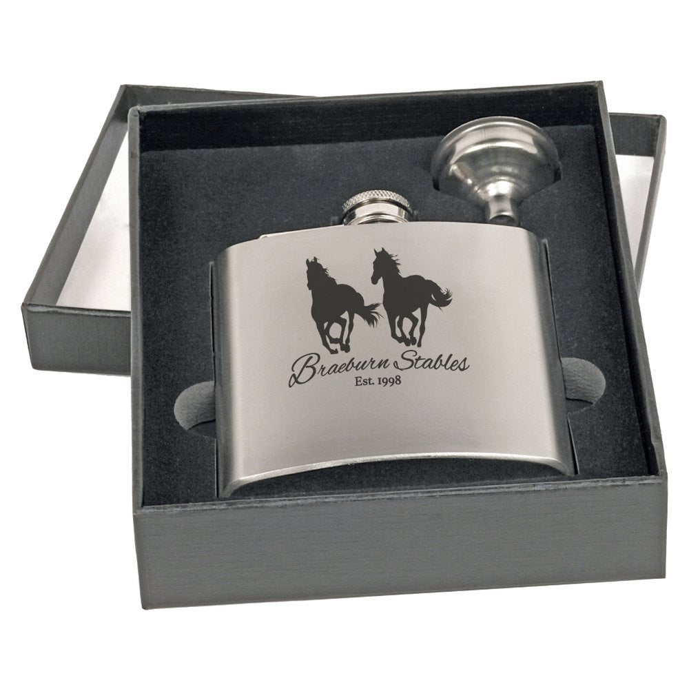 Engraved 6 oz Flask with Funnel in Black Presentation Box - Stainless Steel