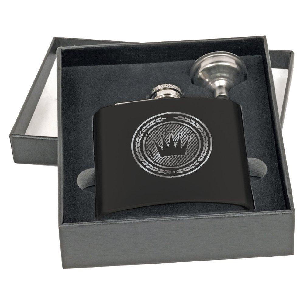 Engraved 6 oz Flask with Funnel in Black Presentation Box - Matte Black