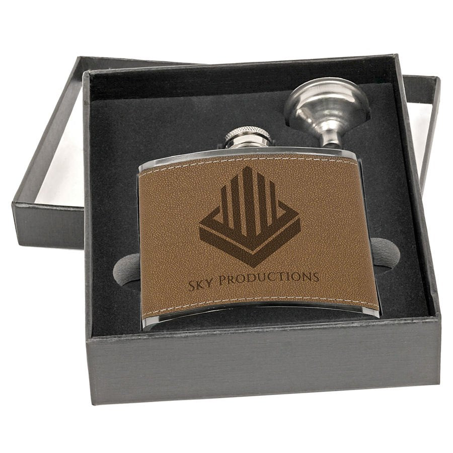 Engraved 6 oz Flask with Funnel in Black Presentation Box - Leatherette