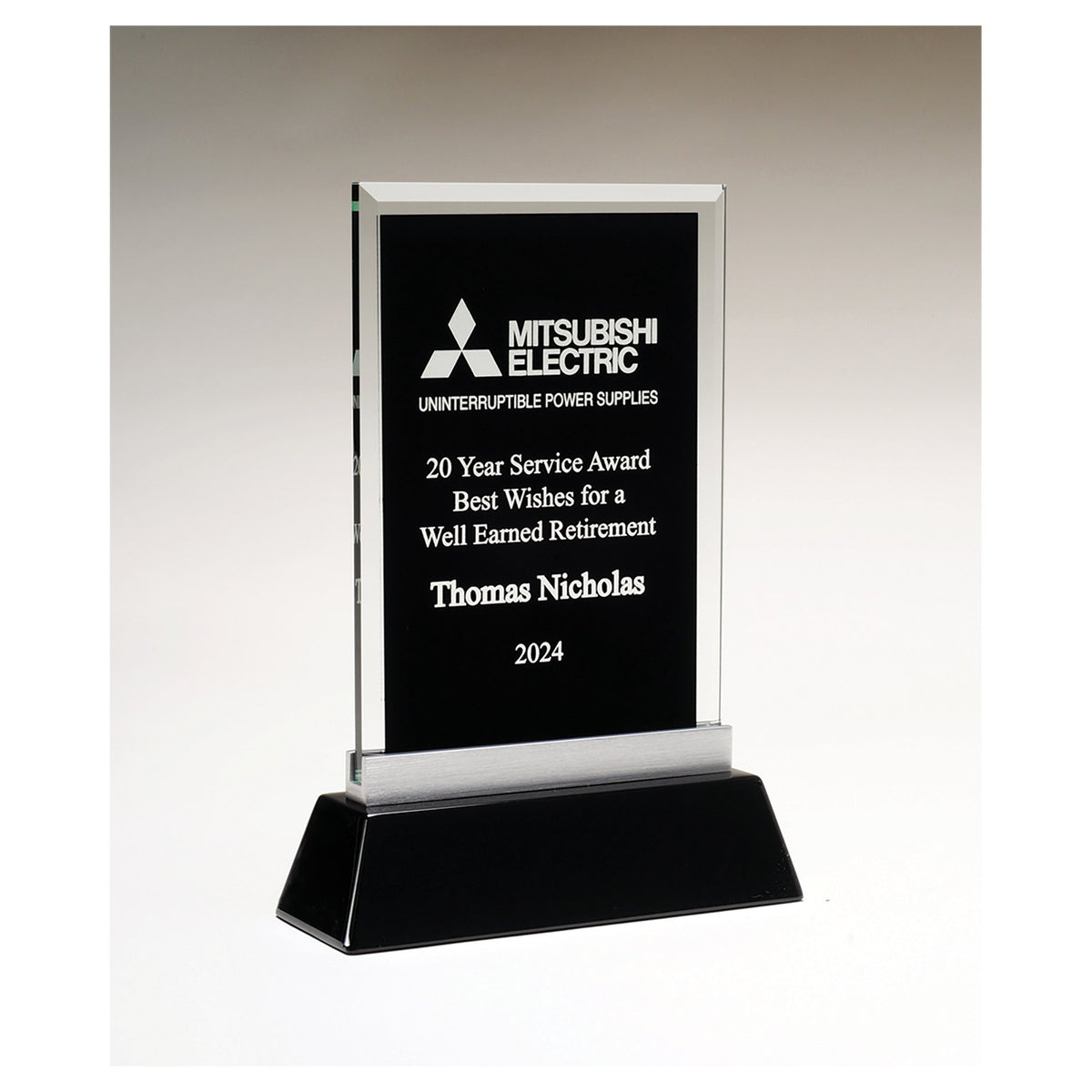 Engraved Rectangular Black Silkscreened Glass Award with Black Piano Finish Base - 7 1/4 x 9 7/8 in