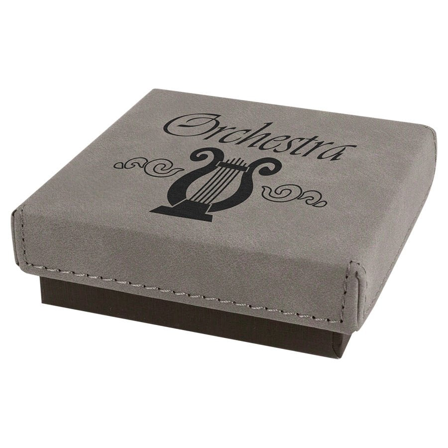 Engraved Medal Box with Leatherette Lid - Gray / 3 1/2 x 3 1/2 x 1 in