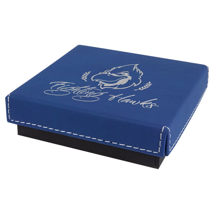 Engraved Medal Box with Leatherette Lid - Blue/Silver / 4 x 4 x 1 1/16 in