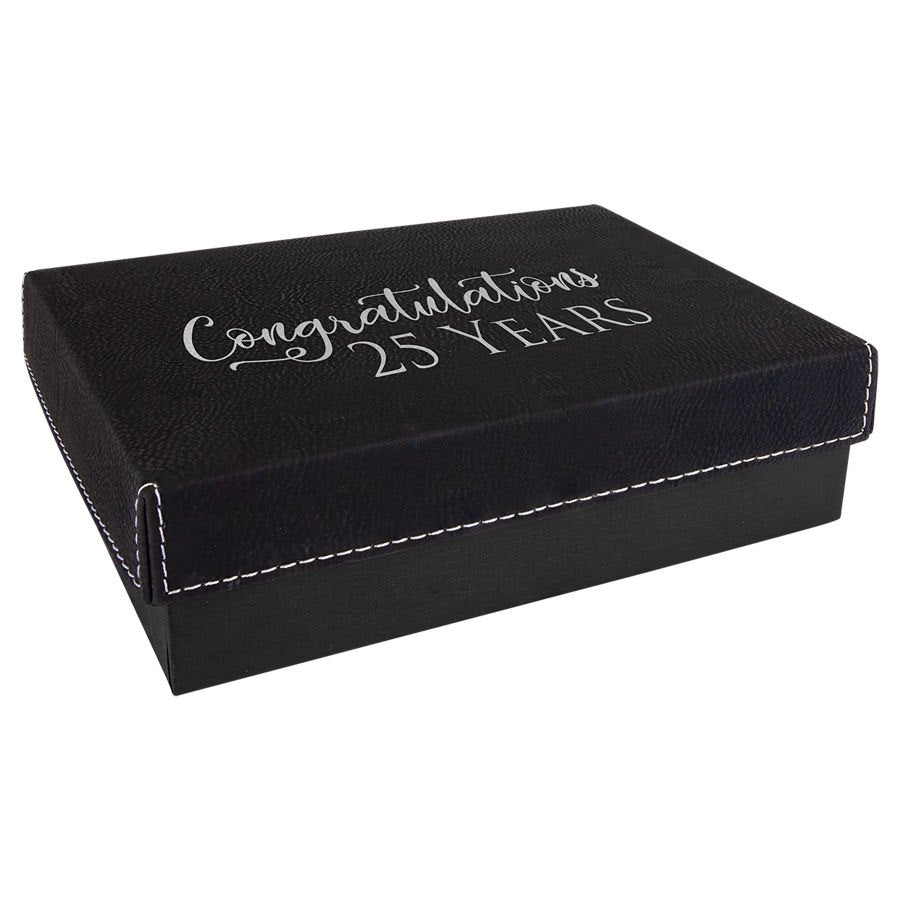 Engraved Gift Box with Leatherette Lid - Black/Silver / 7 3/8 x 5 3/4 x 2 1/4 in