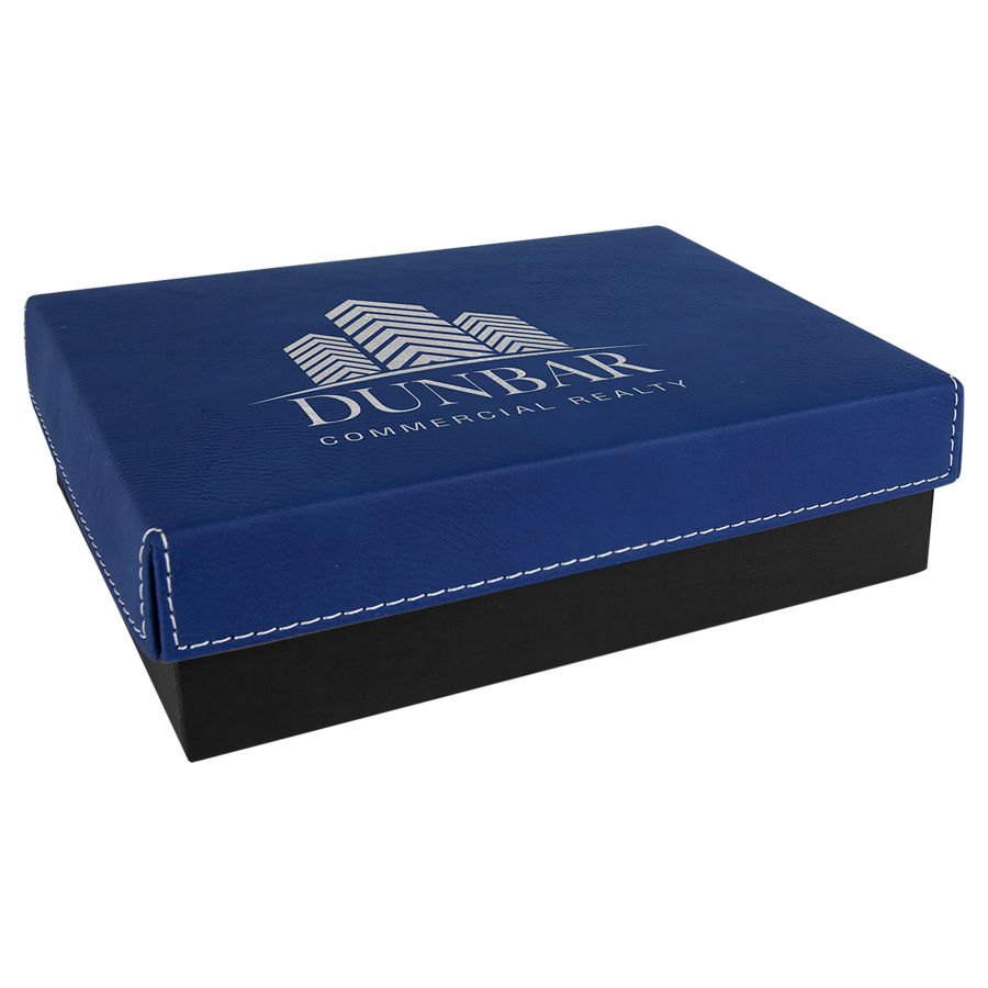 Engraved Gift Box with Leatherette Lid - Blue/Silver / 7 3/8 x 5 3/4 x 2 1/4 in